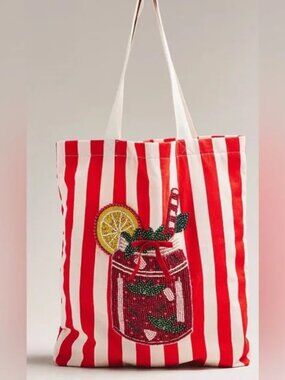 Anthropologie Printed Beaded Canvas Tote Bag - Bloody Mary